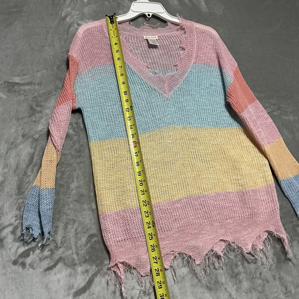 Main Strip Distressed V Neck Sweater Womens S Pink Colorblock Oversized Boho - Picture 4 of 5